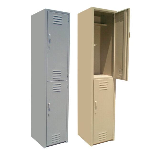 lockers metalicos de 2 puertas en color gris y arena