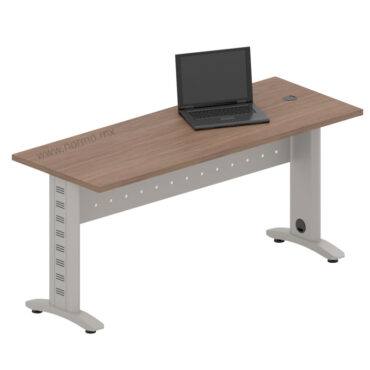 mesa de trabajo rectangular con cubierta de madera en color nogal y patas metálicas tipo t