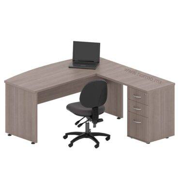 escritorio en "L" con mesa rectangular con frente curvo