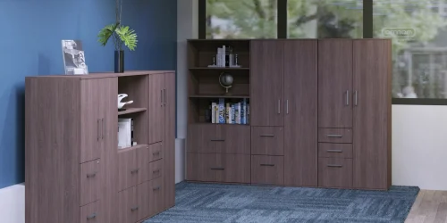 Libreroa piso con cajonera y puertas